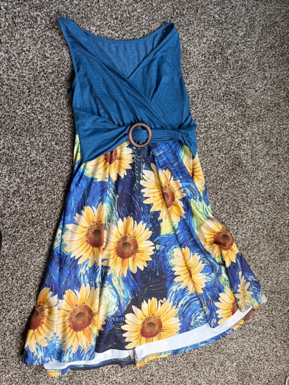 Womens’ Teal & Yellow Sunflower Belted Sundress
